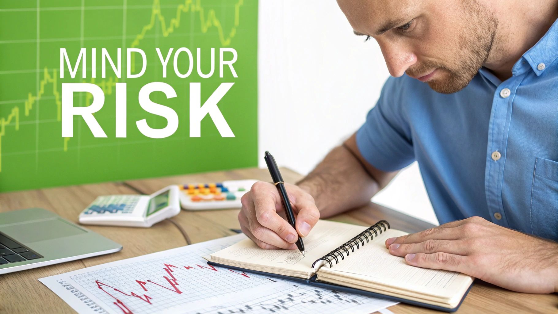 A person sitting calmly at a desk with financial charts, representing the importance of a clear and composed mindset in trading.