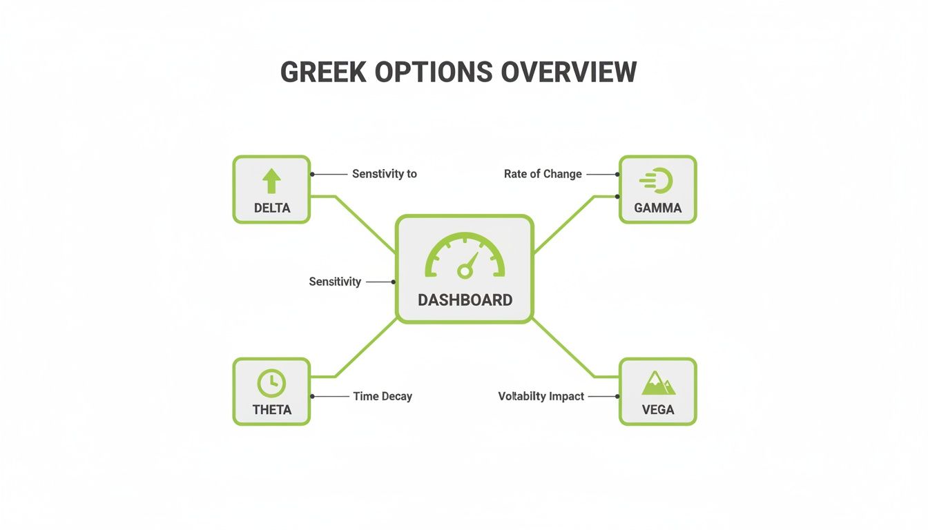 Infographic illustrating Greek options overview: Delta, Gamma, Theta, and Vega, and their key metrics.