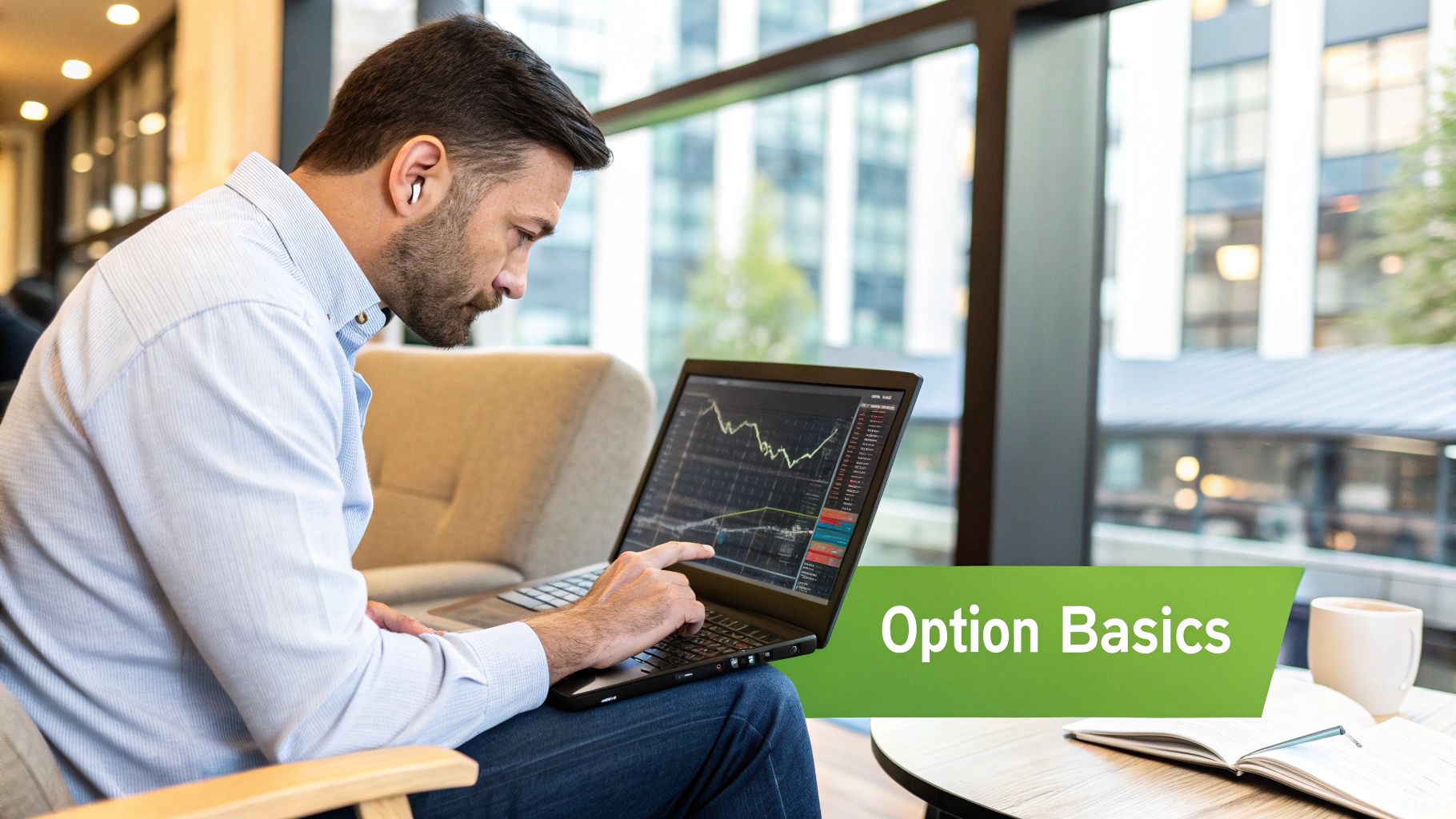 A trader analyzing options data on multiple screens in a modern office setting.