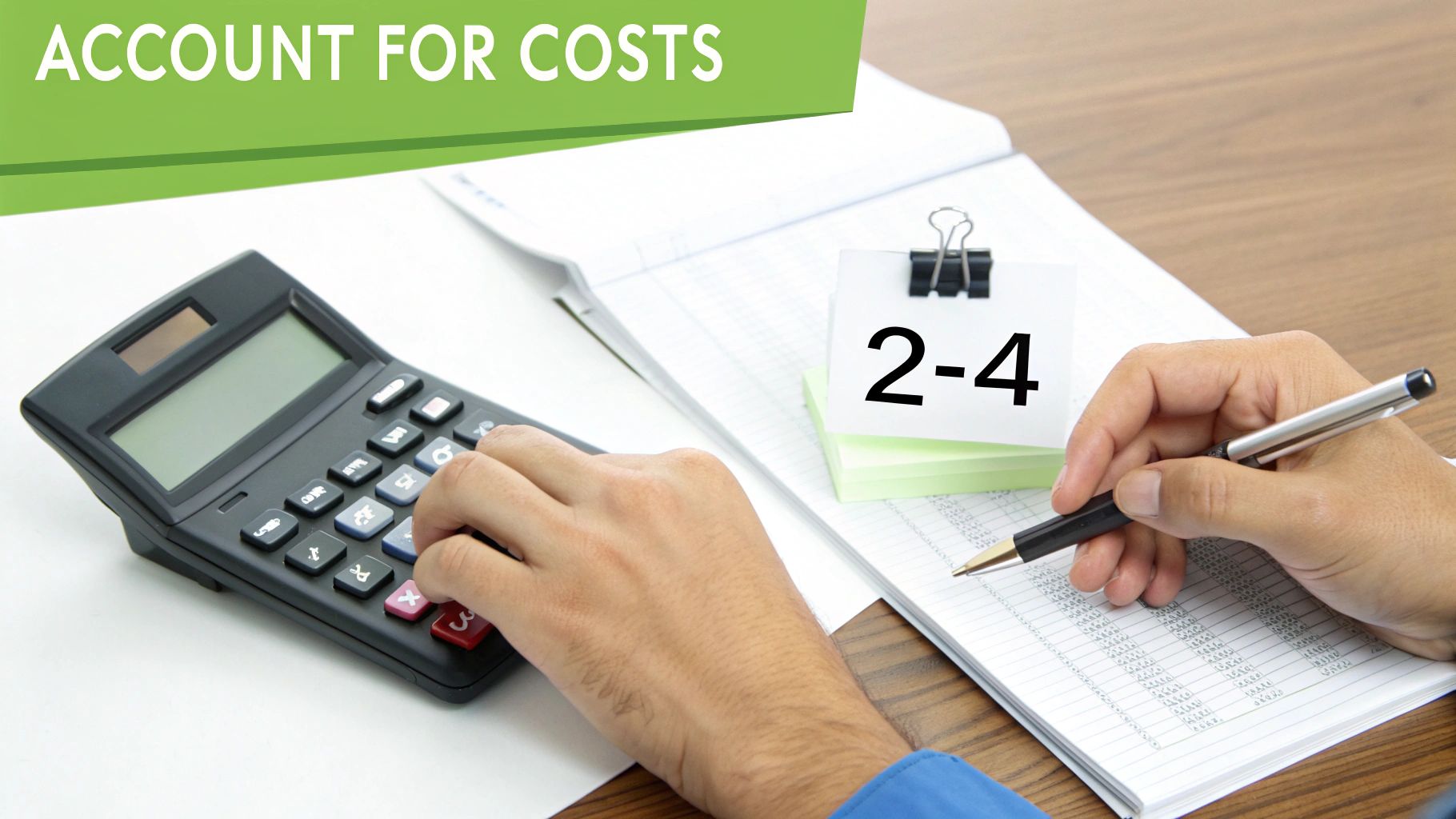 A person's hands using a calculator and writing in a ledger, accounting for costs.