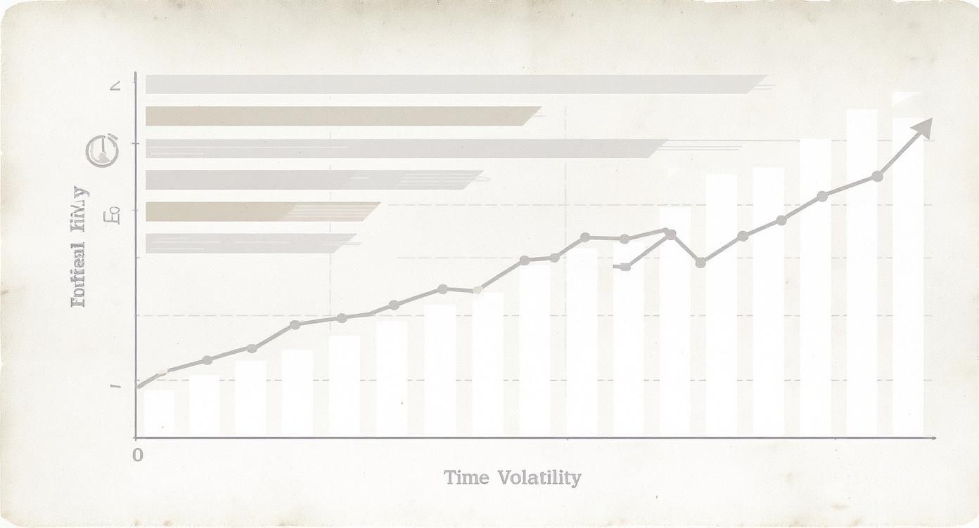 A faded financial chart displaying an upward-trending line graph against vertical and horizontal bars.