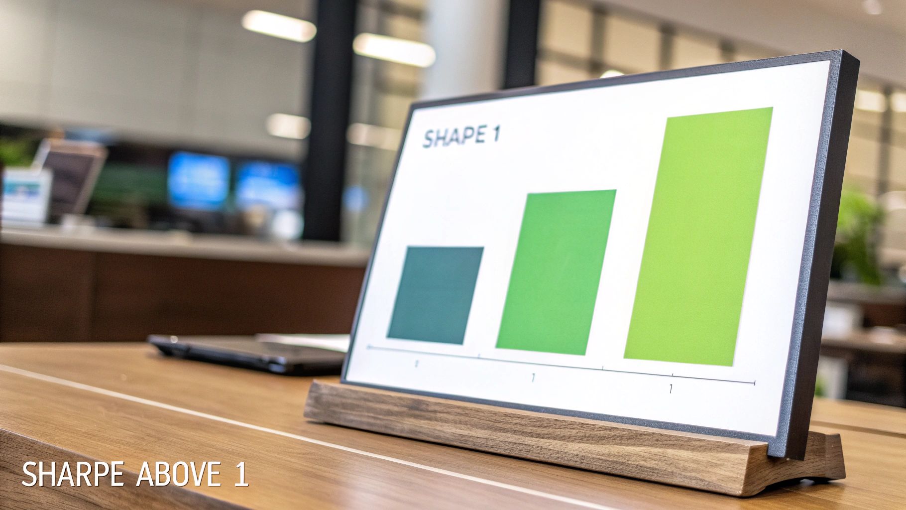 A screen on a wooden stand shows a bar chart with increasing green bars and text 'SHAPE 1' and 'SHARPE ABOVE 1'.