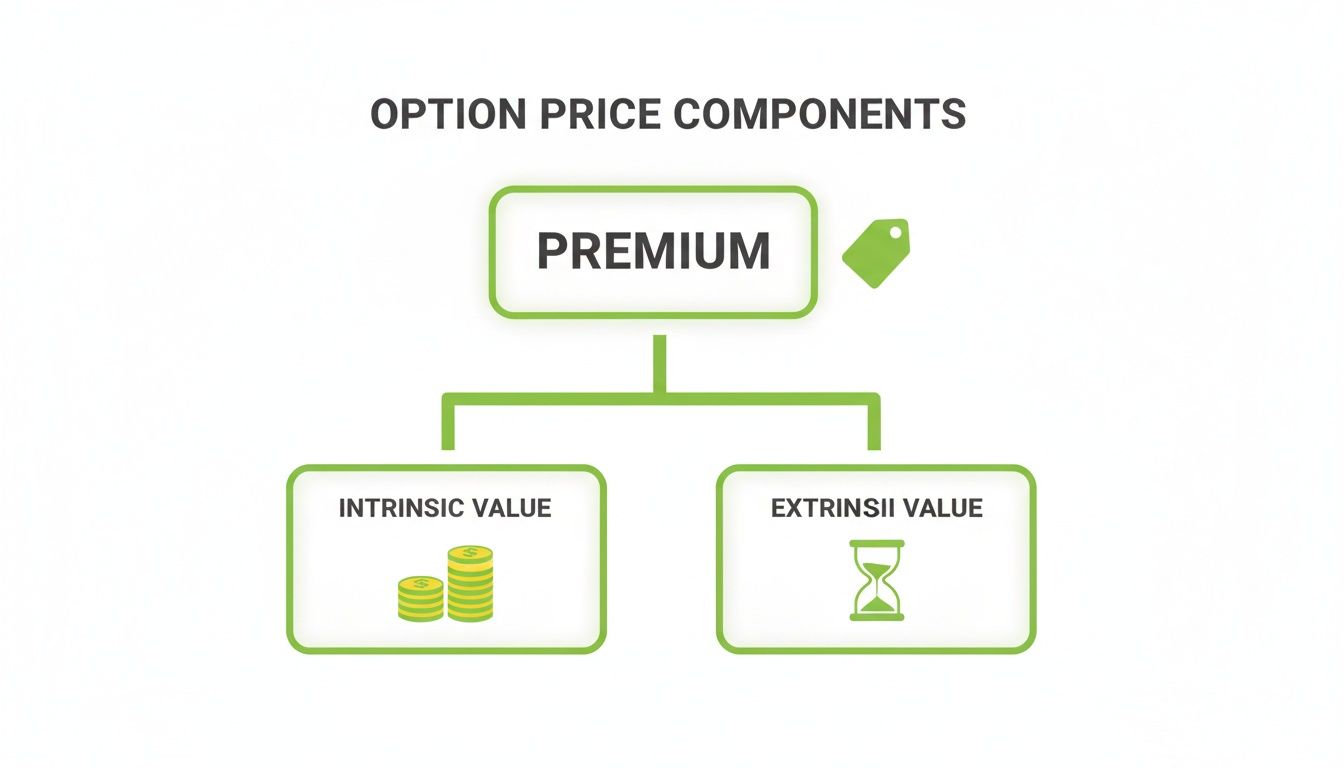 Flowchart illustrating option price components: premium, intrinsic value (coins), and extrinsic value (hourglass).