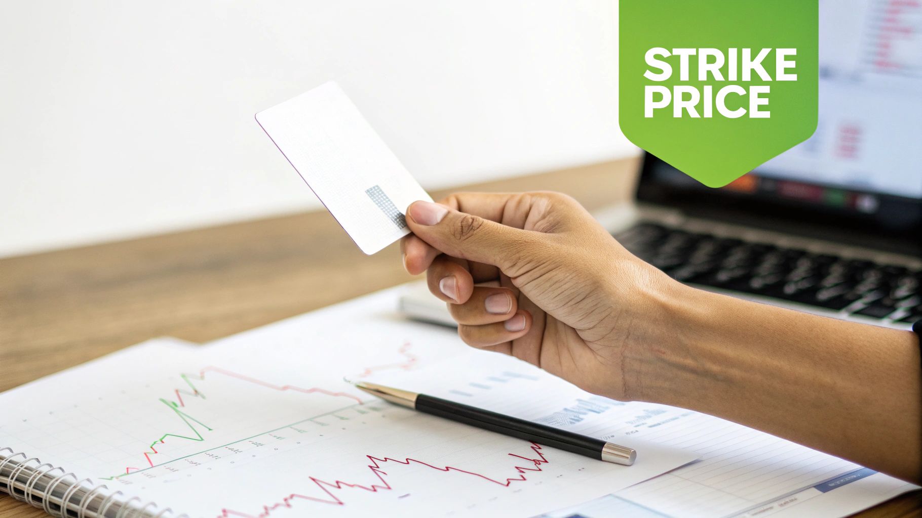 Hand holding a credit card above a notebook with financial charts and a pen, with 'STRIKE PRICE' banner.
