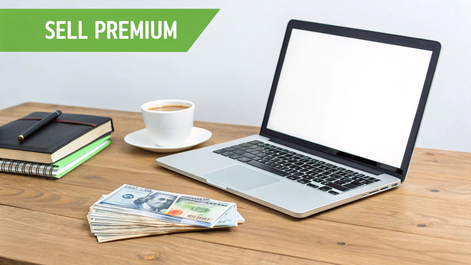 A laptop, coffee, notebooks, and a stack of money on a wooden desk with a 'SELL PREMIUM' banner.