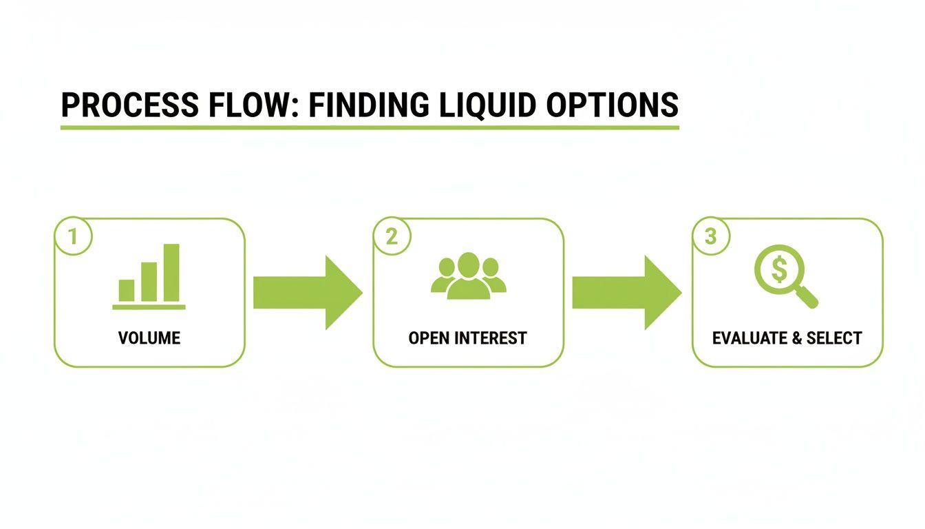Process flow diagram illustrating three steps to find liquid options: Volume, Open Interest, and Evaluate & Select.