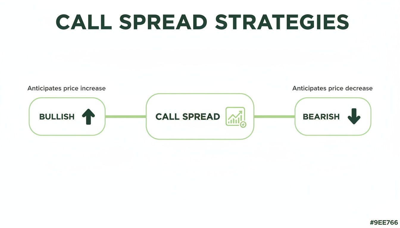 A diagram illustrating call spread strategies, showing bullish for price increase and bearish for price decrease.