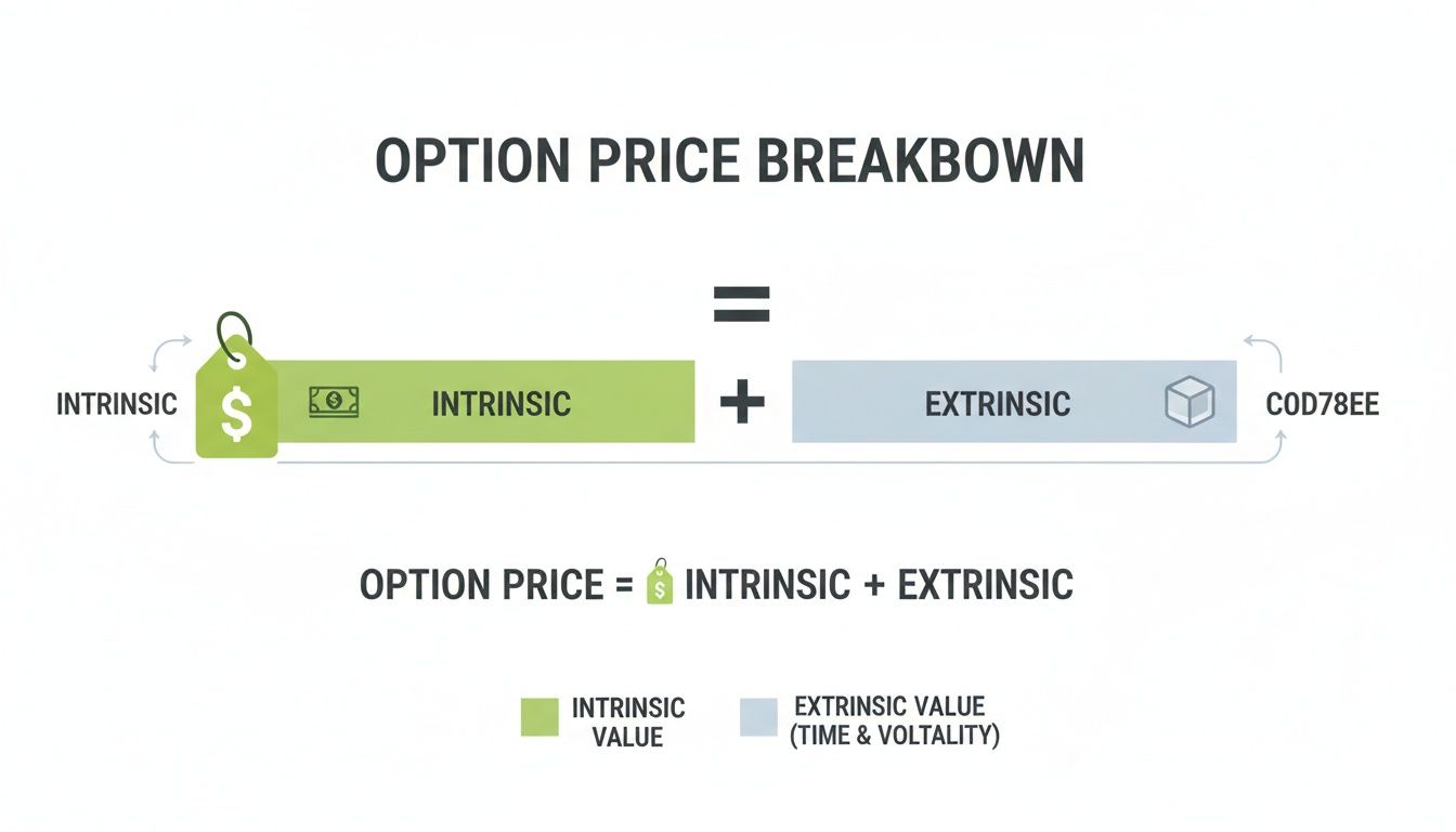 An infographic illustrating option price as the sum of its intrinsic and extrinsic components.