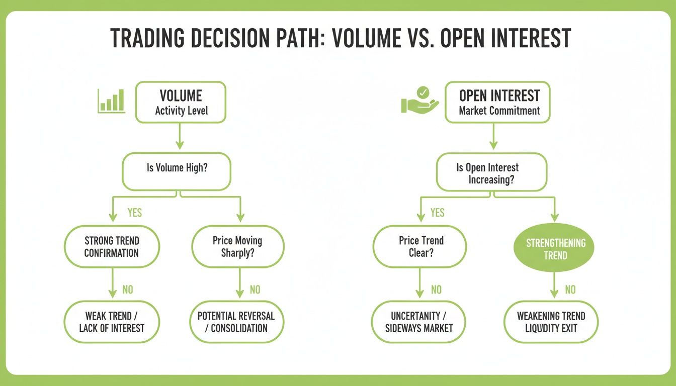Flowchart illustrating trading decisions using volume and open interest analysis.