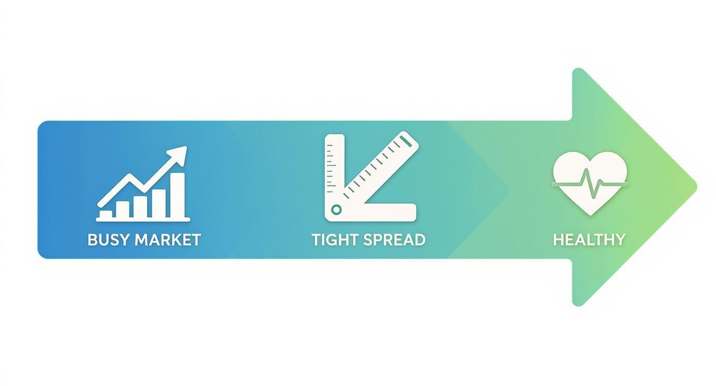Infographic showing that a busy market leads to a tight spread, which indicates a healthy market.
