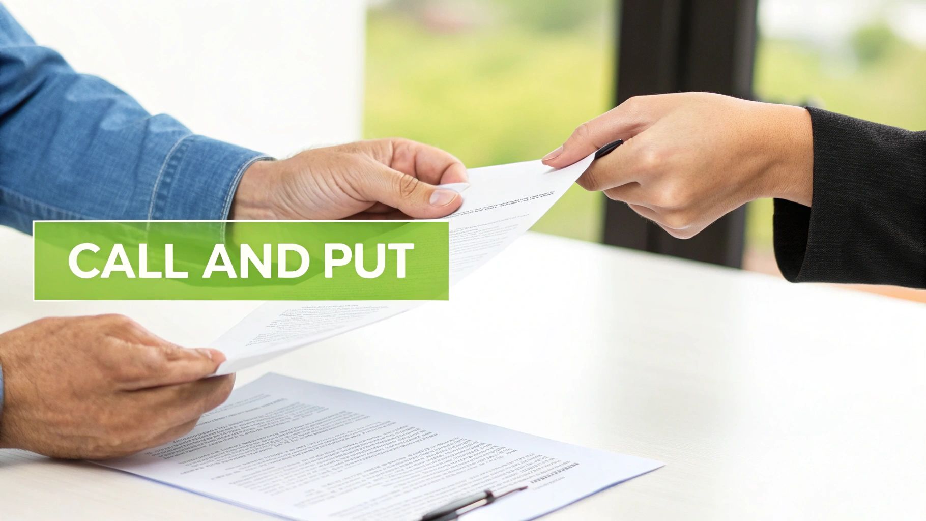 Two people exchanging business documents with a 'CALL AND PUT' financial options overlay.