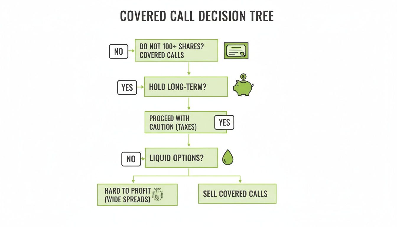 A decision tree flowchart illustrating the steps and considerations for selling covered calls as an investment strategy.