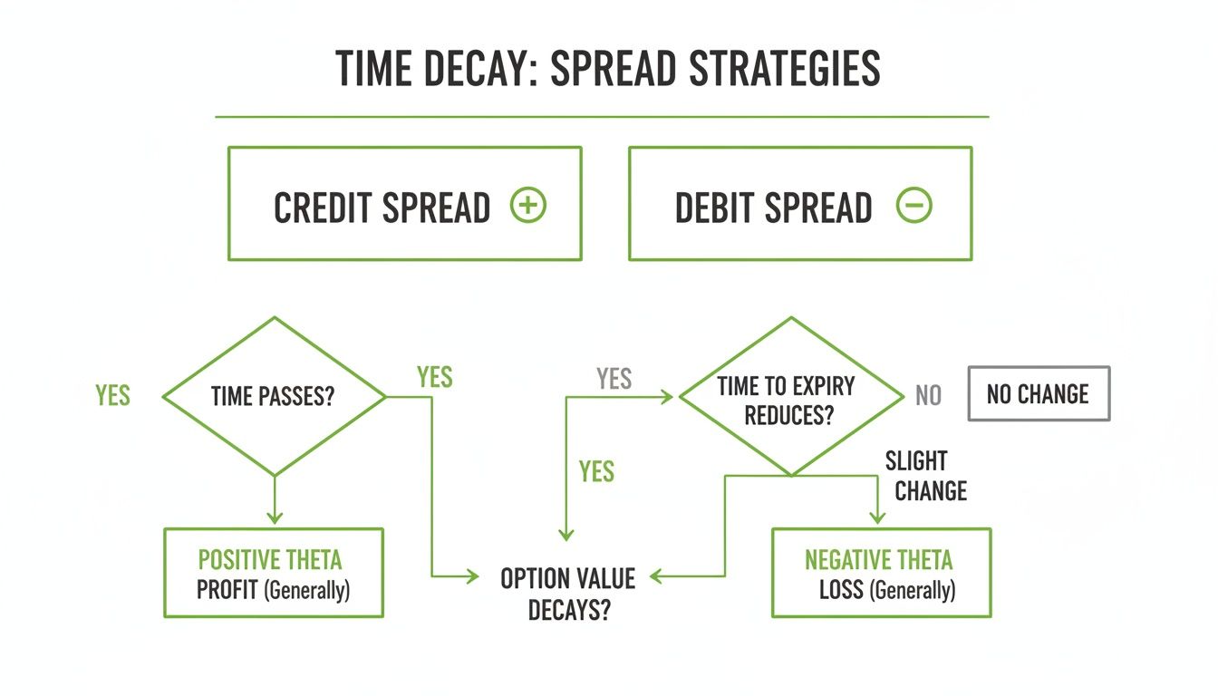 Flowchart illustrating time decay's impact on credit and debit spread option strategies, showing profit and loss outcomes.
