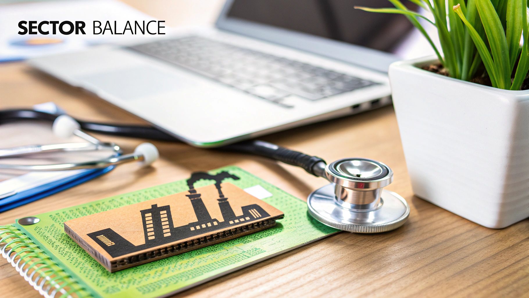 An image illustrating the concept of sector diversification with icons representing different industries like tech, healthcare, and finance.