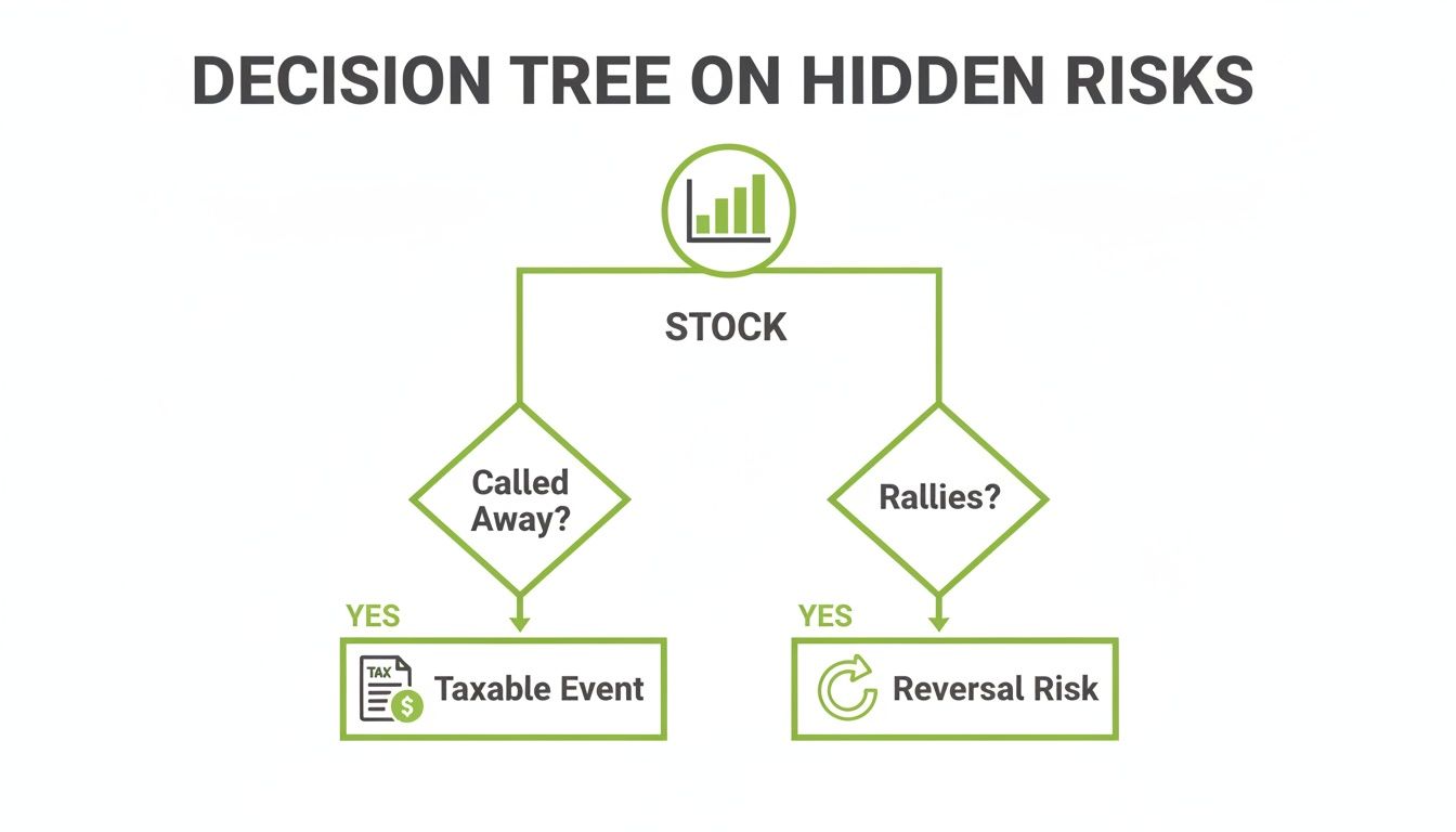 Decision tree illustrating hidden risks in stock investments, including taxable events and reversal risk.