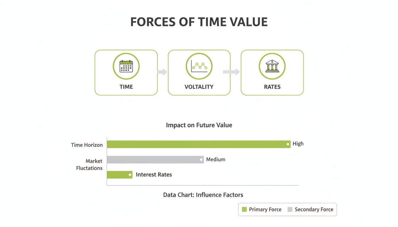 Diagram showing forces of time value: time, volatility, and rates, influencing future value.