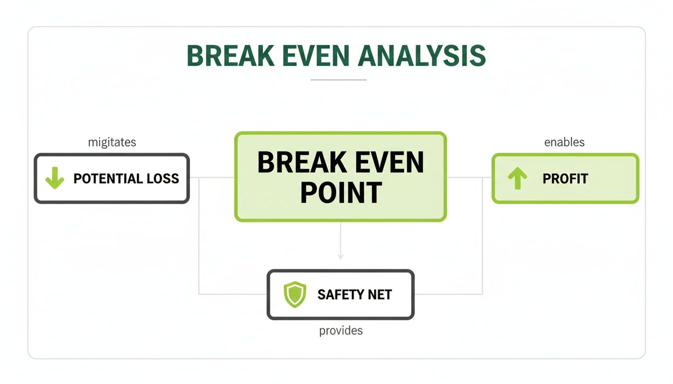 A diagram illustrating Break Even Analysis, showing its role in mitigating potential loss and enabling profit, and providing a safety net.