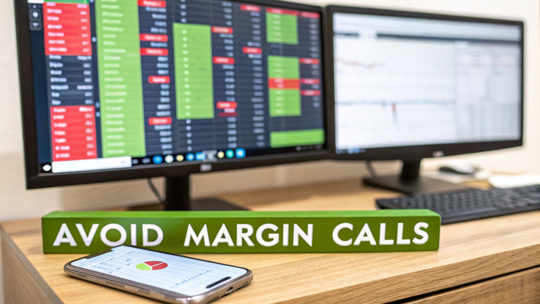 A desk with dual monitors displaying financial data, a smartphone, and an 'AVOID MARGIN CALLS' sign.