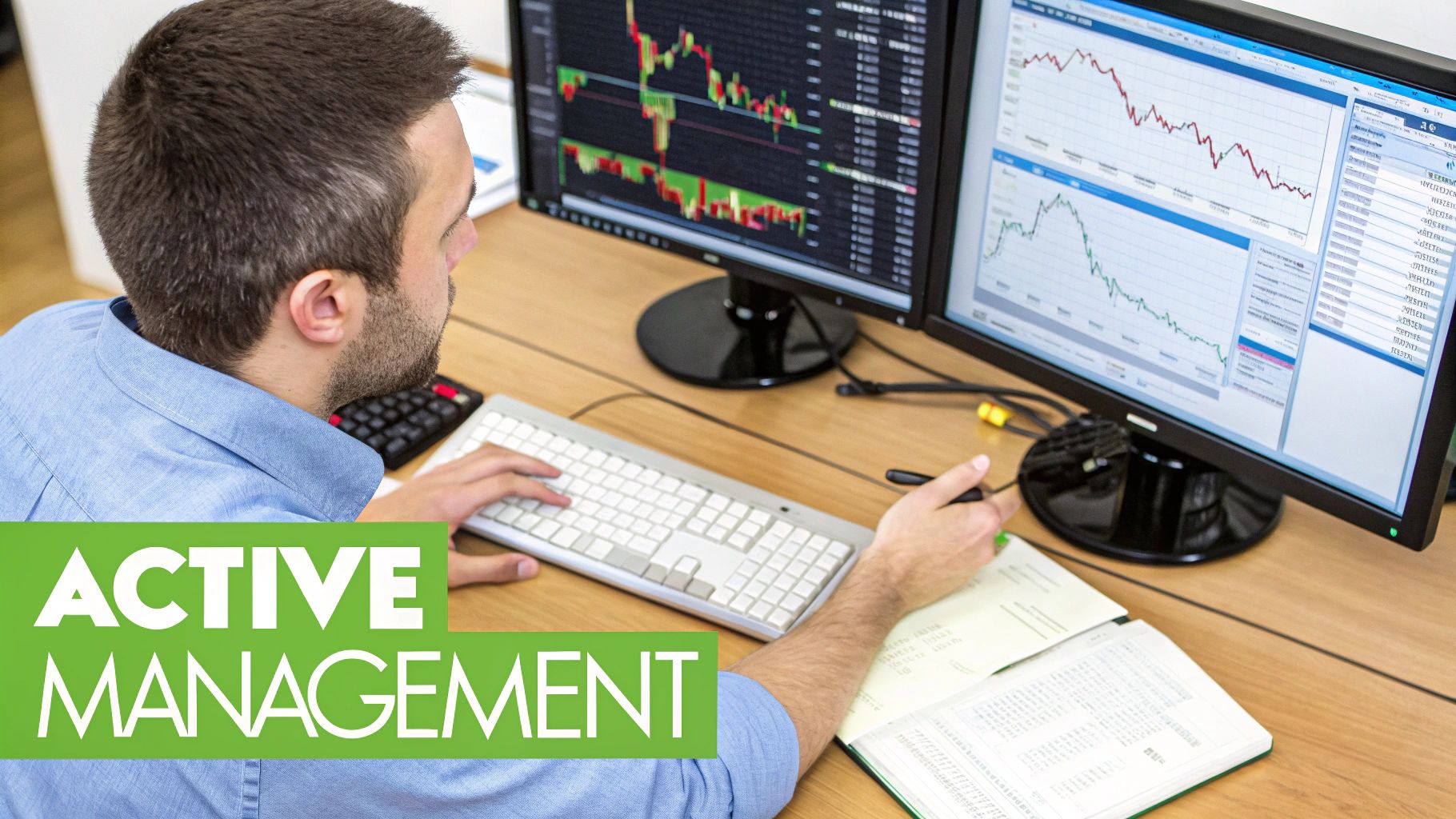 Active trader analyzing stock market charts and financial data on dual computer monitors at desk
