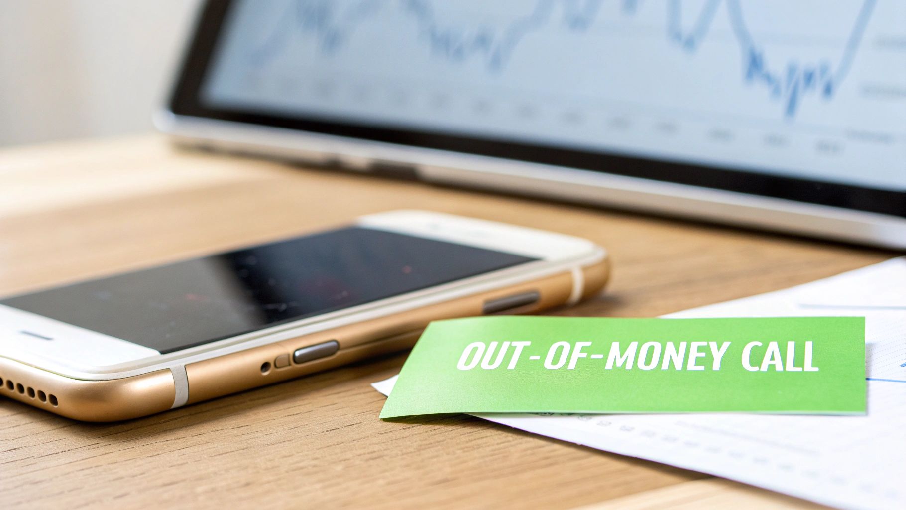 A smartphone and laptop on a wooden desk, with a green slip of paper saying "OUT-OF-MONEY CALL".