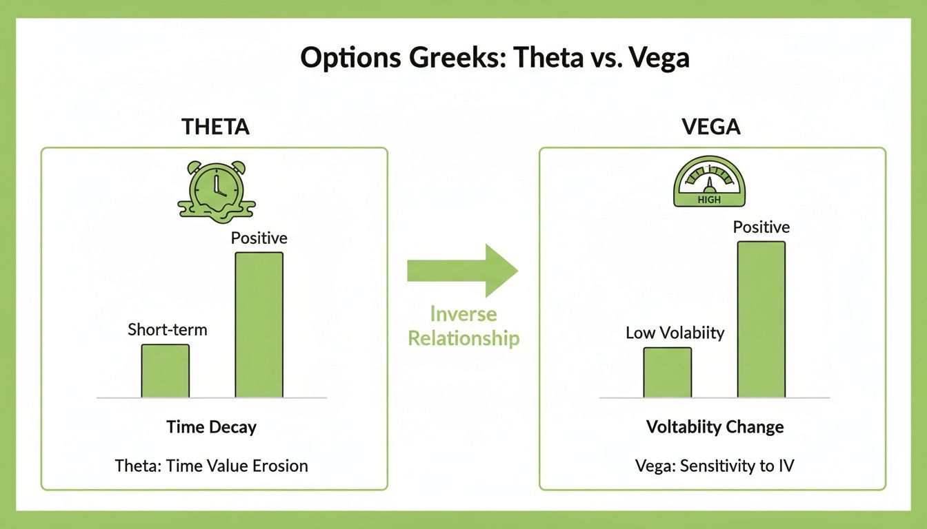 Infographic explaining Options Greeks Theta (time decay) and Vega (volatility) and their inverse relationship.