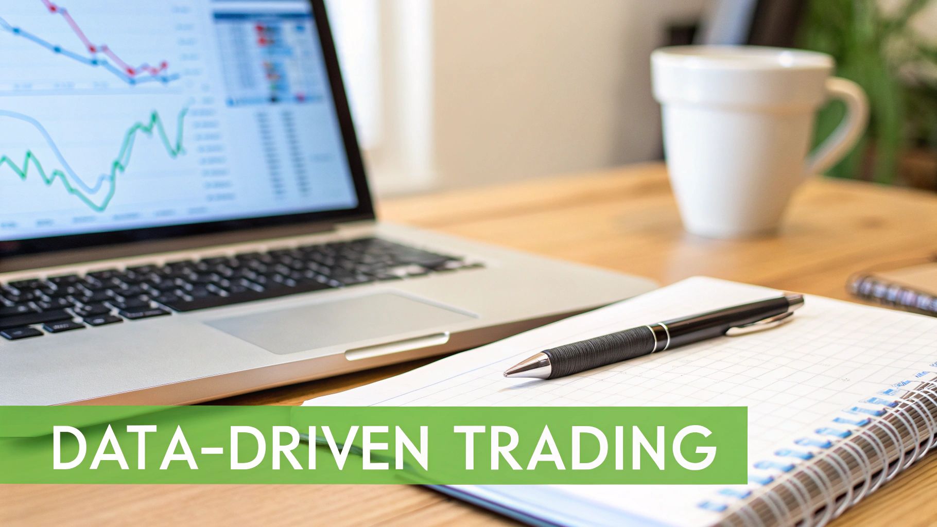 A laptop displaying financial charts, a notebook with a pen, and a coffee mug on a wooden desk. Text: DATA-DRIVEN TRADING.