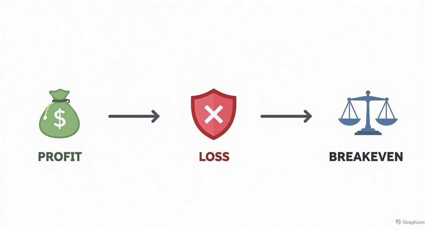 Visual diagram showing the progression from financial profit, through loss, to a breakeven point.