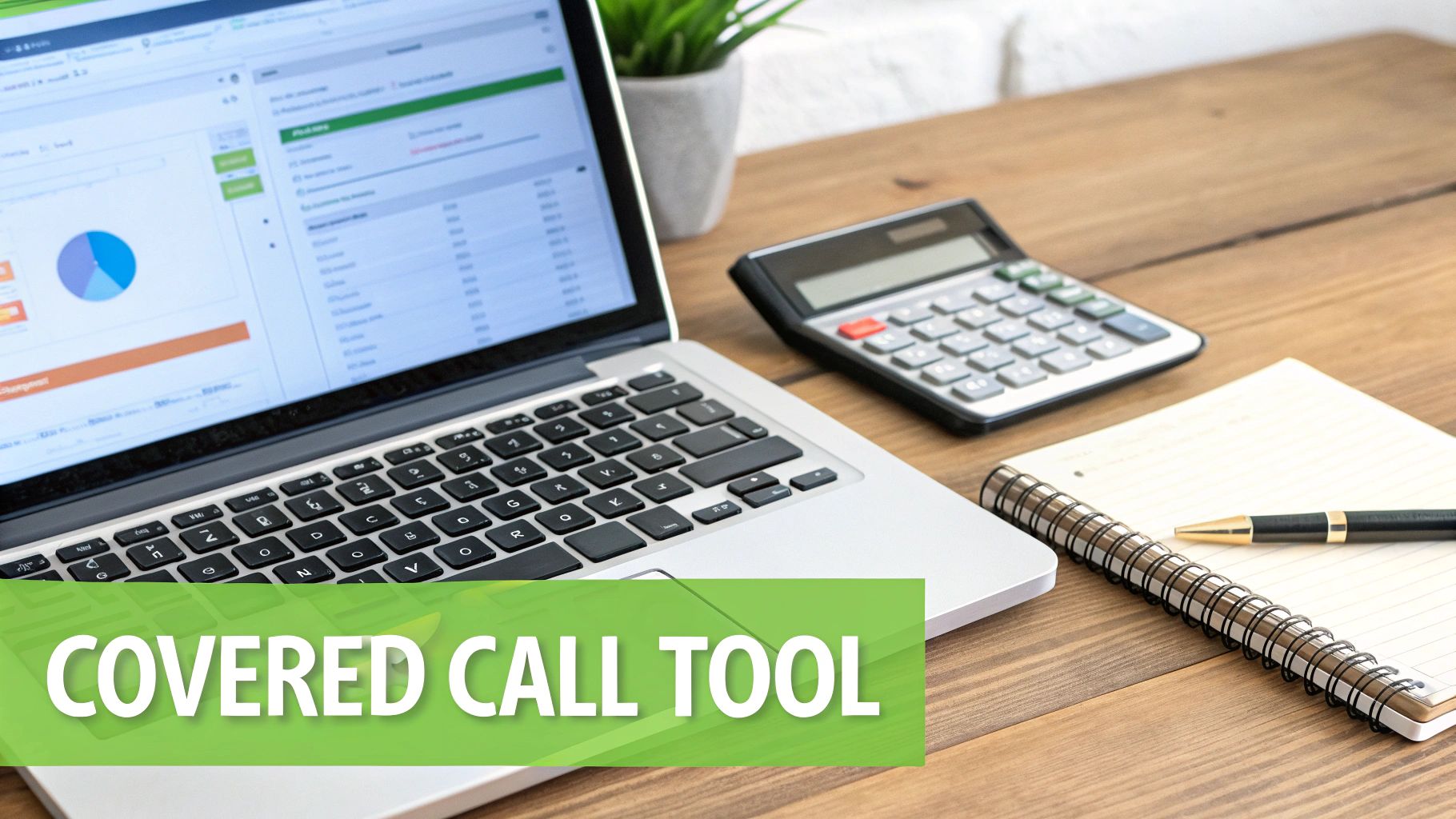 A laptop displaying a financial dashboard with charts, a calculator, and a notebook on a wooden desk. Text: COVERED CALL TOOL.