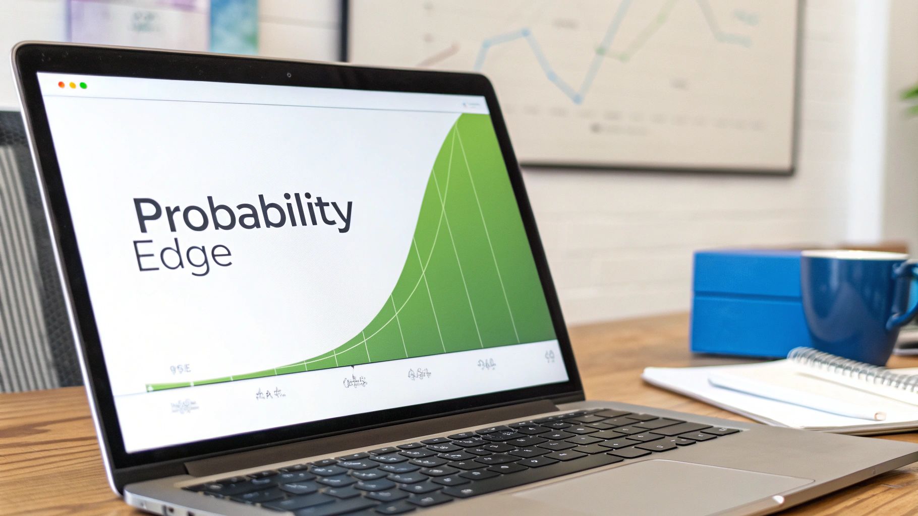 Laptop displaying 'Probability Edge' presentation with a green curve graph on a desk with a blue mug.