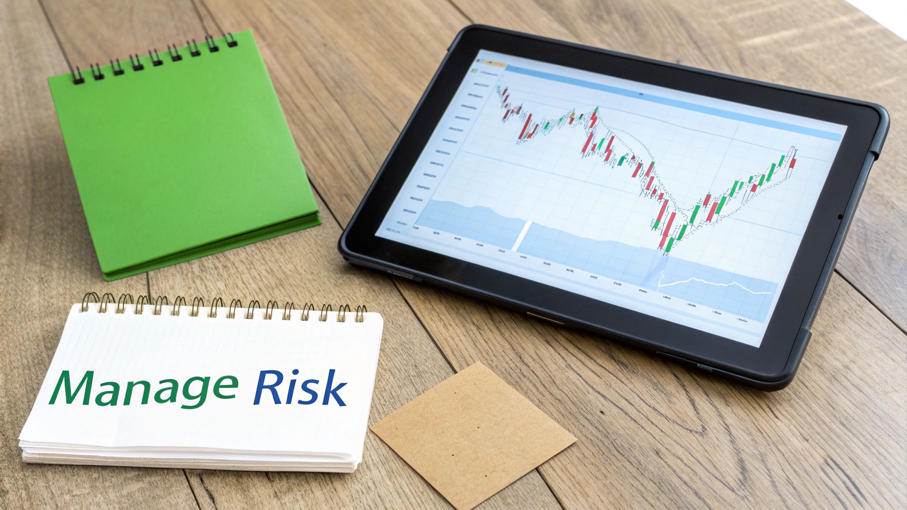 A wooden desk with a tablet showing a stock chart, a notebook with 'Manage Risk', and a green notebook.