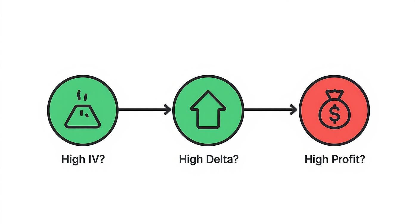 Options trading workflow showing high implied volatility leading to high delta and profit potential
