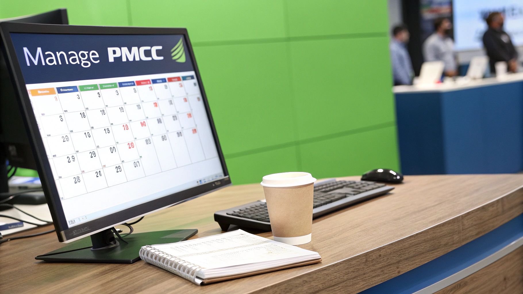 A computer monitor displays 'Manage PMCC' and a calendar on a wooden desk with a keyboard, mouse, coffee, and notebook.