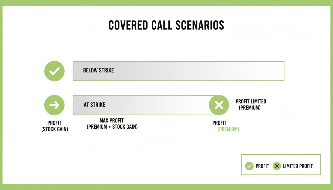 Visual explanation of covered call scenarios showing profit outcomes for stock prices below or at strike.