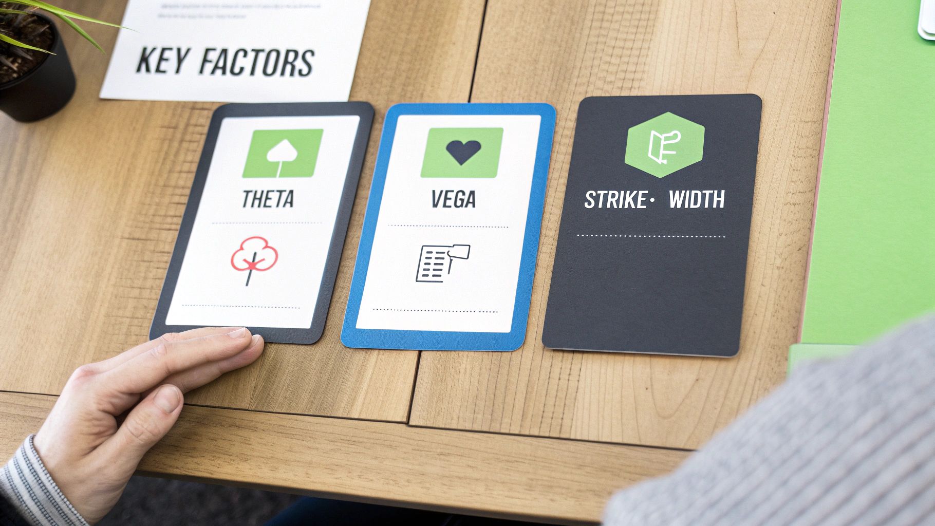 Three cards displaying financial factors Theta, Vega, and Strike Width, on a wooden desk.