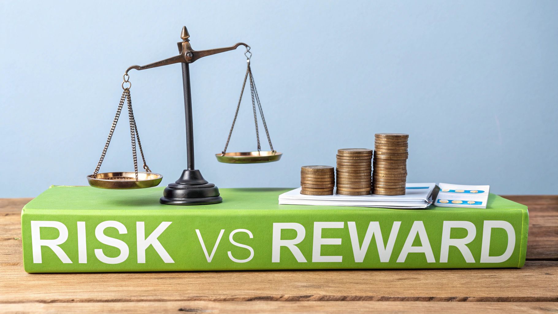 A balance scale, stacks of coins, and a book titled 'Risk vs Reward' on a wooden table.