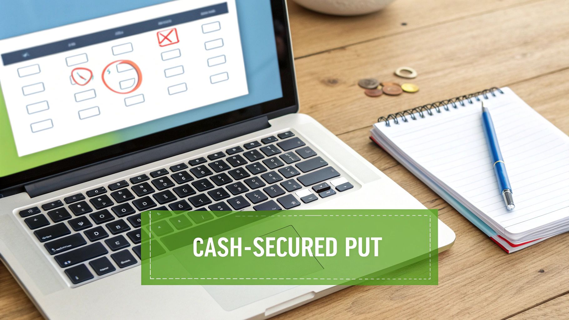 Laptop displaying financial chart with cash-secured put text overlay on desk workspace