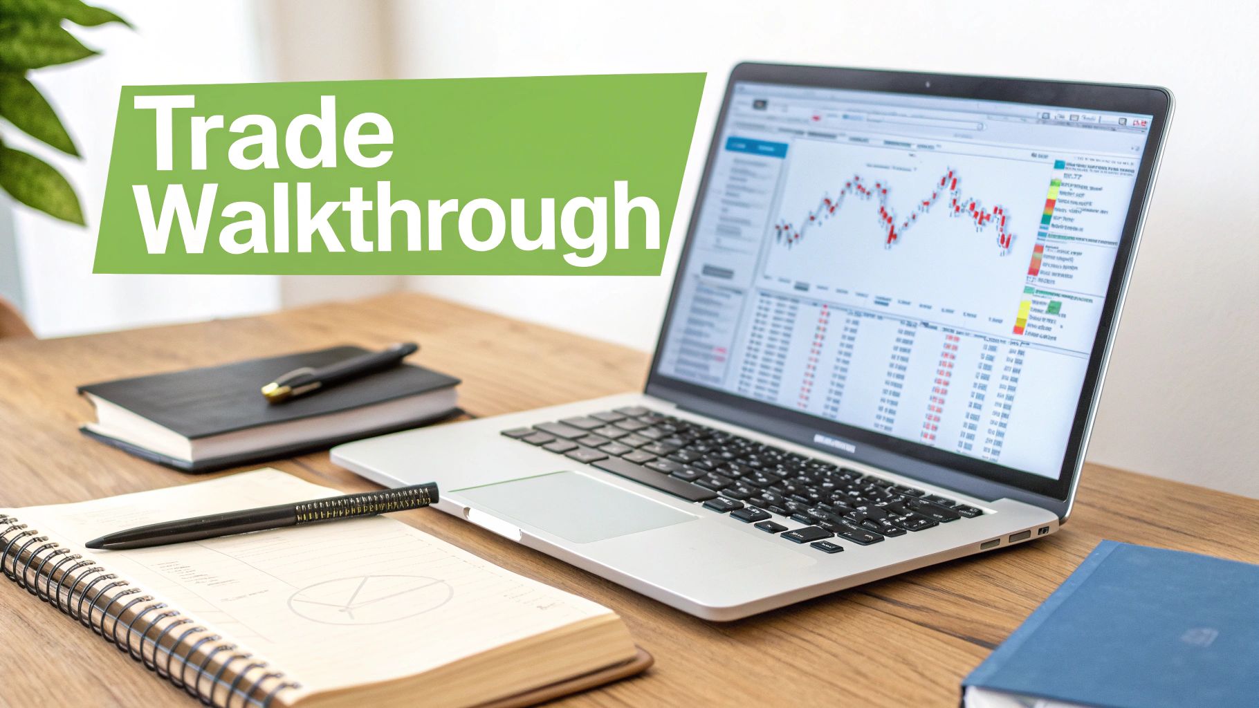 Trade Walkthrough text over a laptop displaying stock charts and financial data on a desk.