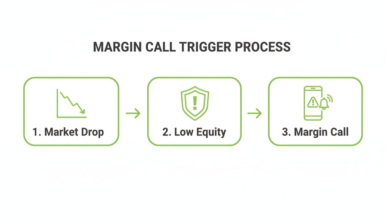 A three-step diagram illustrating the margin call trigger process: market drop, low equity, and margin call.
