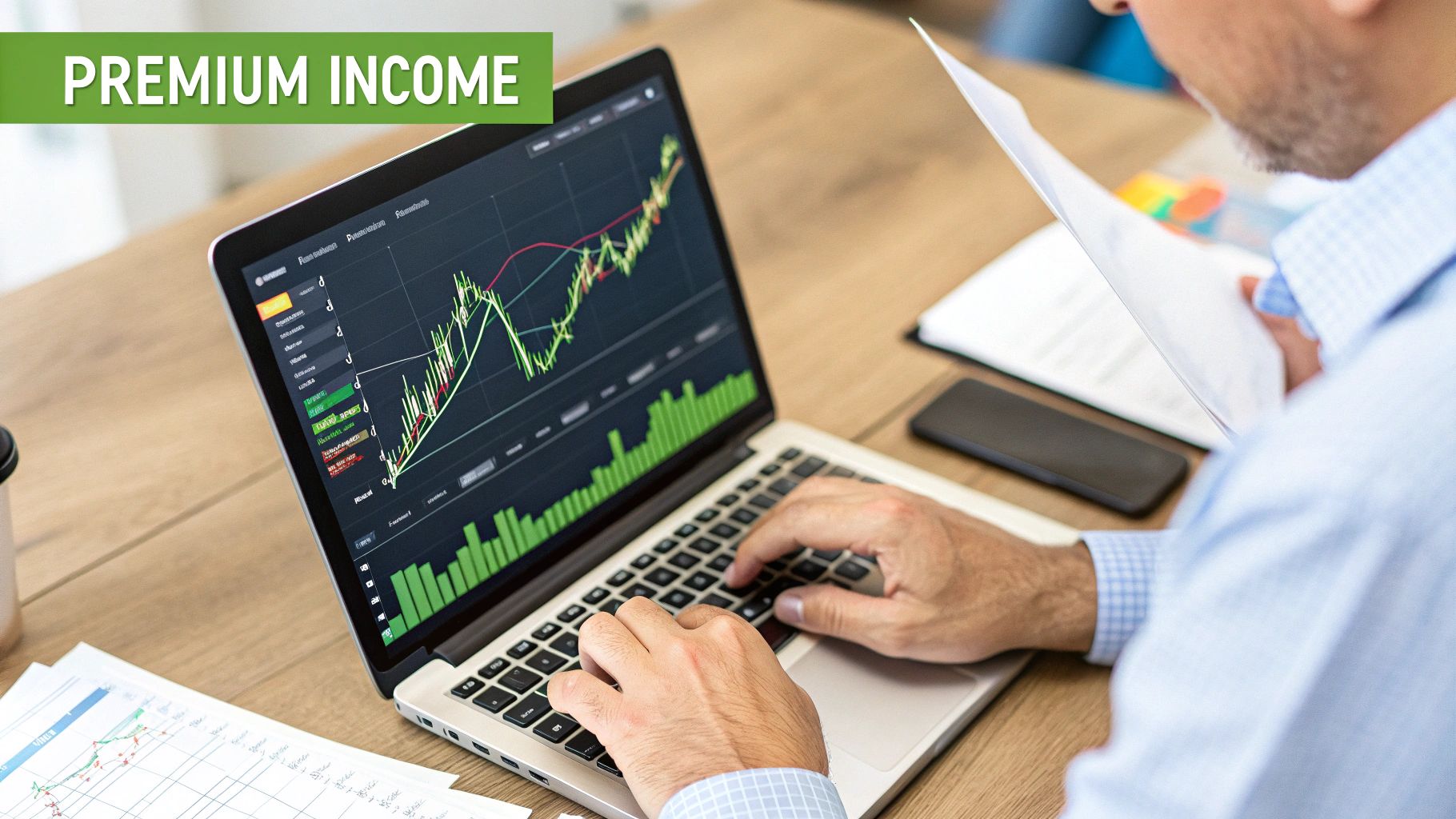 A person looking at a laptop with financial charts and graphs on the screen.
