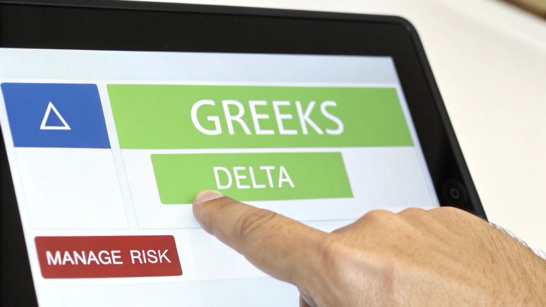 A hand taps 'DELTA' on a tablet screen, displaying financial options terms like 'GREEKS' and 'MANAGE RISK'.
