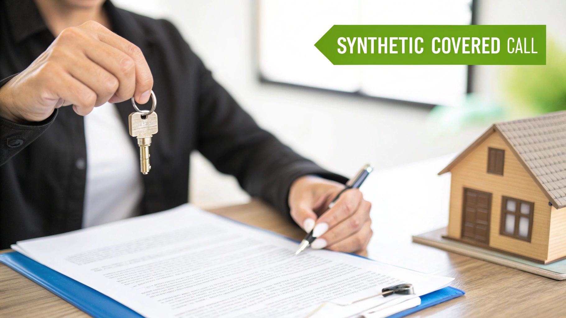 A person holds house keys while another signs documents, with a miniature house and 'SYNTHETIC COVERED CALL' banner.