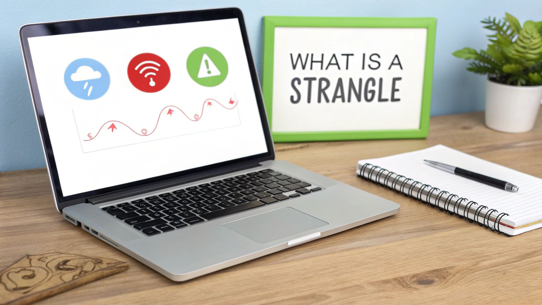 A laptop displays financial icons and a graph, beside a framed sign asking 'WHAT IS A STRANGLE' on a wooden desk.