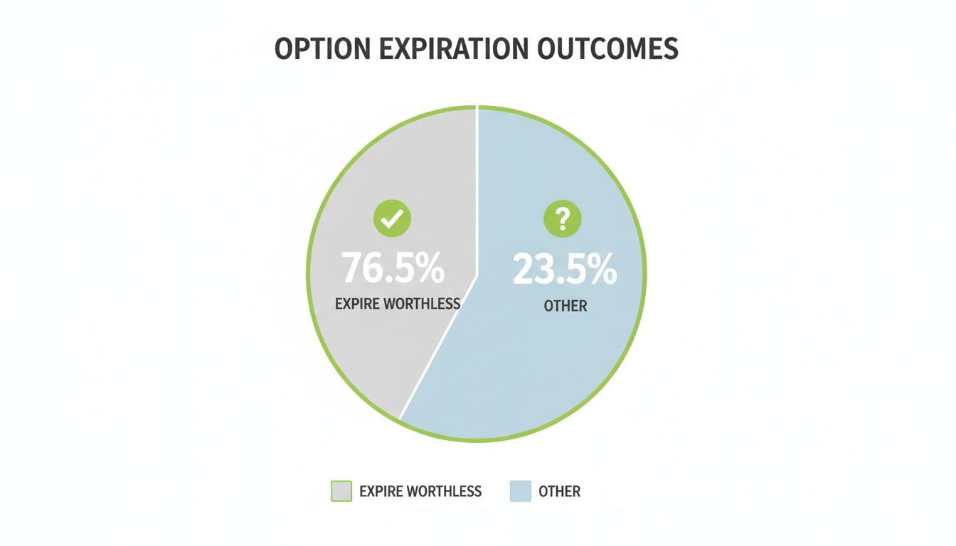 Pie chart illustrating option expiration outcomes: 76.5% expire worthless, 23.5% are other.