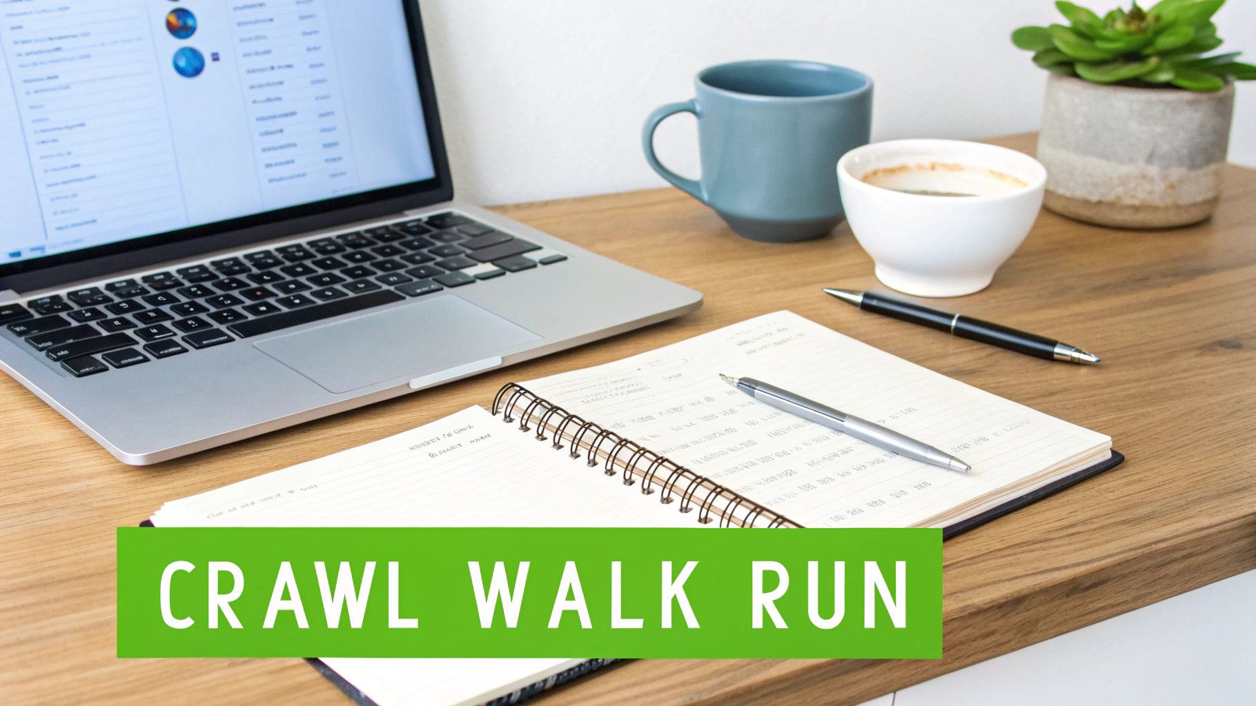 A desk with a laptop, open notebook, pens, coffee, and a plant, with 'CRAWL WALK RUN' banner.
