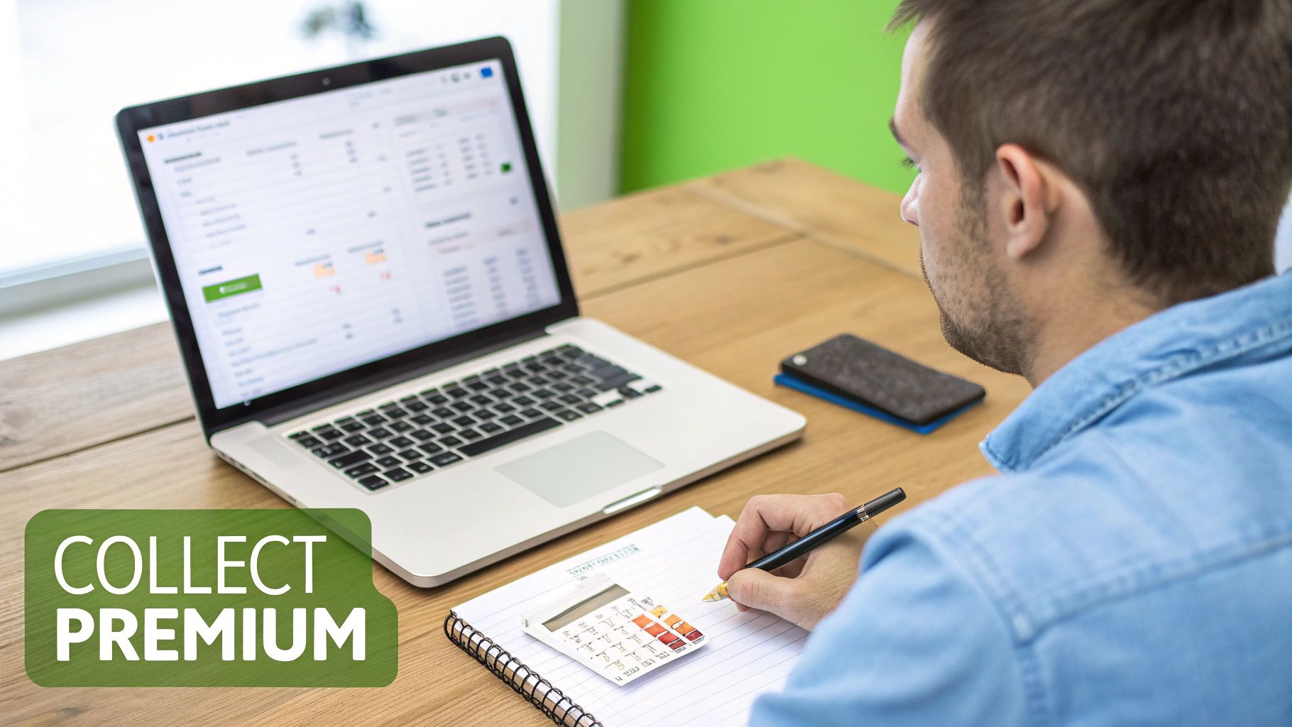 A man calculates finances at a wooden desk with a laptop, calculator, and notebook.
