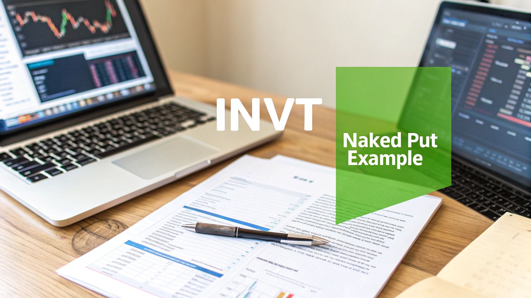 A laptop with stock charts, documents, and a pen on a desk, highlighting 'INVT Naked Put Example'.