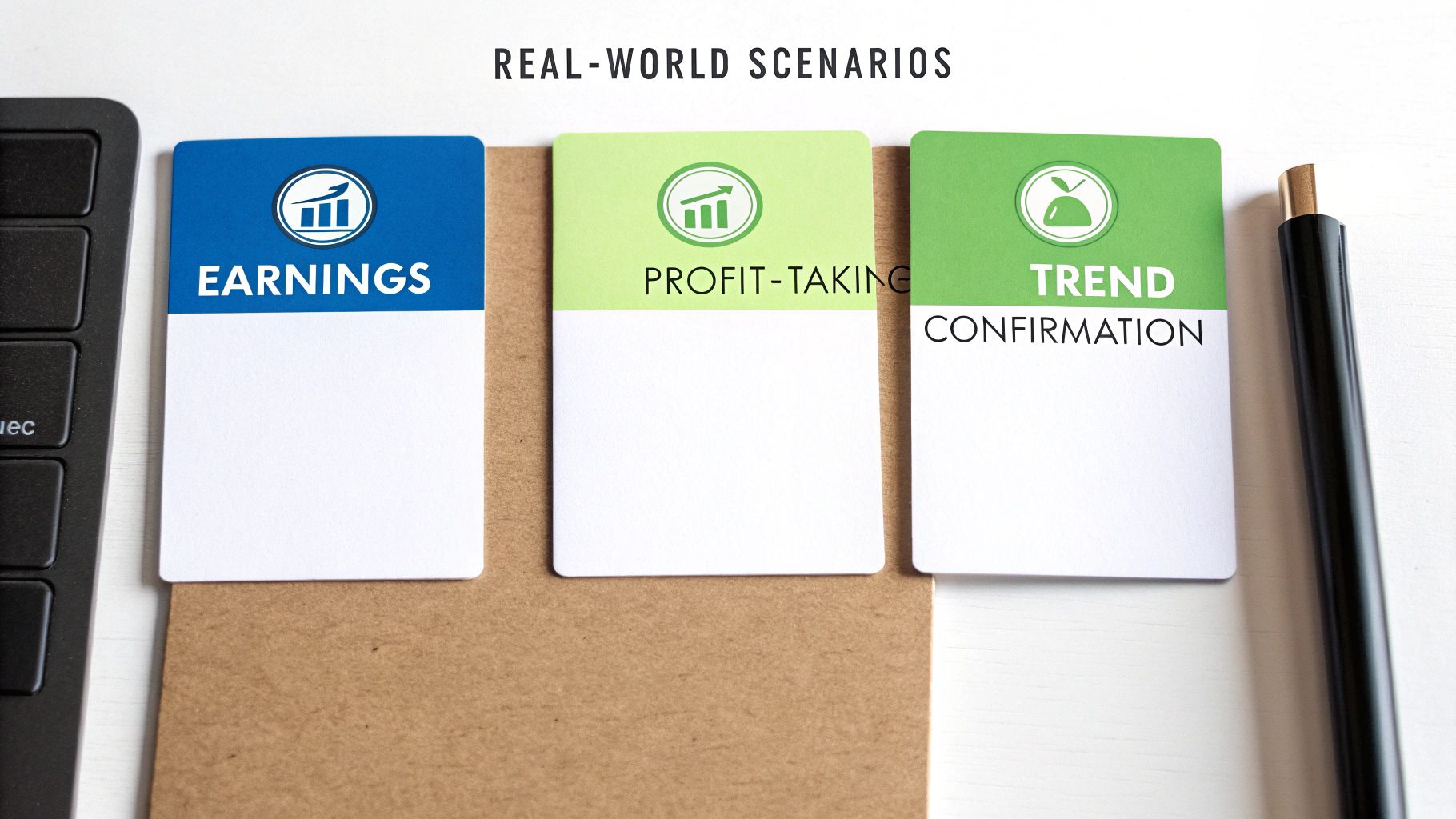 Three cards displaying financial real-world scenarios: Earnings, Profit-Taking, and Trend Confirmation.
