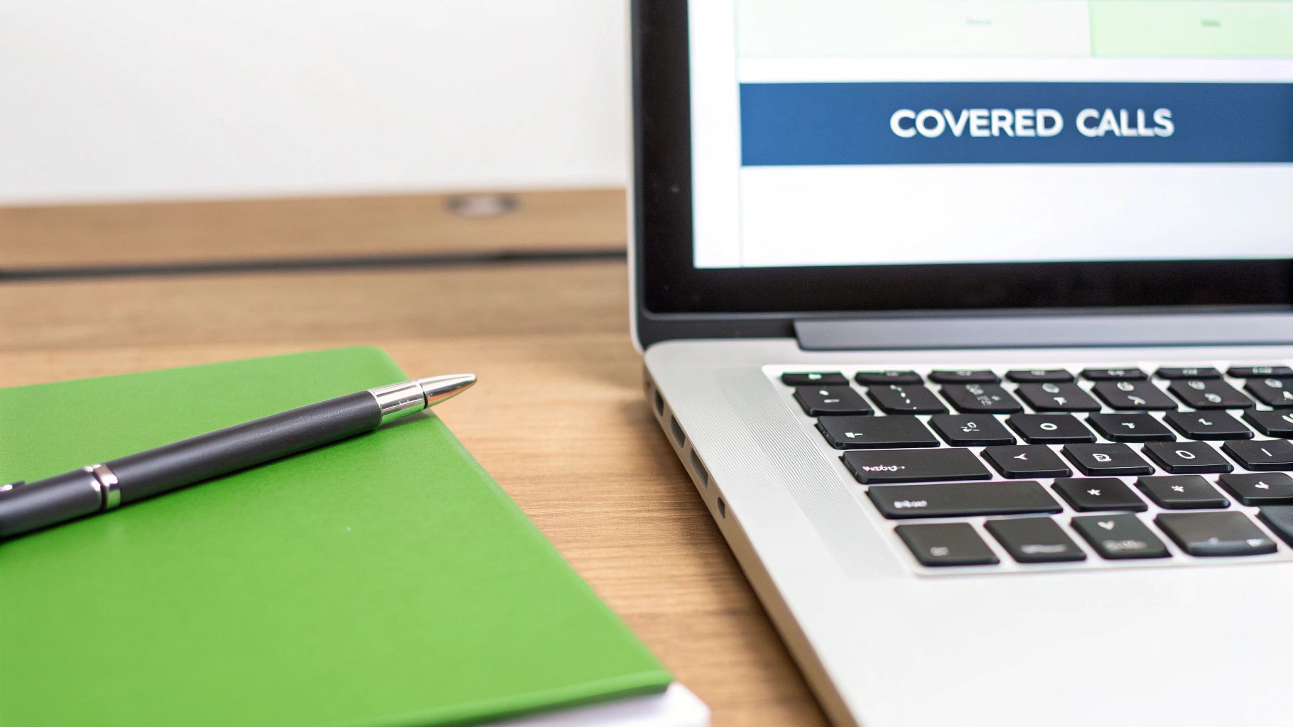 Laptop displaying covered calls strategy screen with notebook and pen on wooden desk