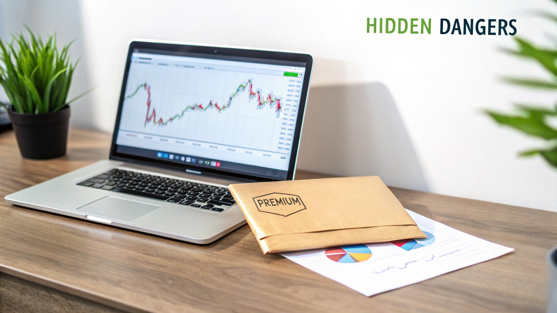 Financial workspace with laptop showing stock charts, a Premium envelope, and report on a wooden desk.