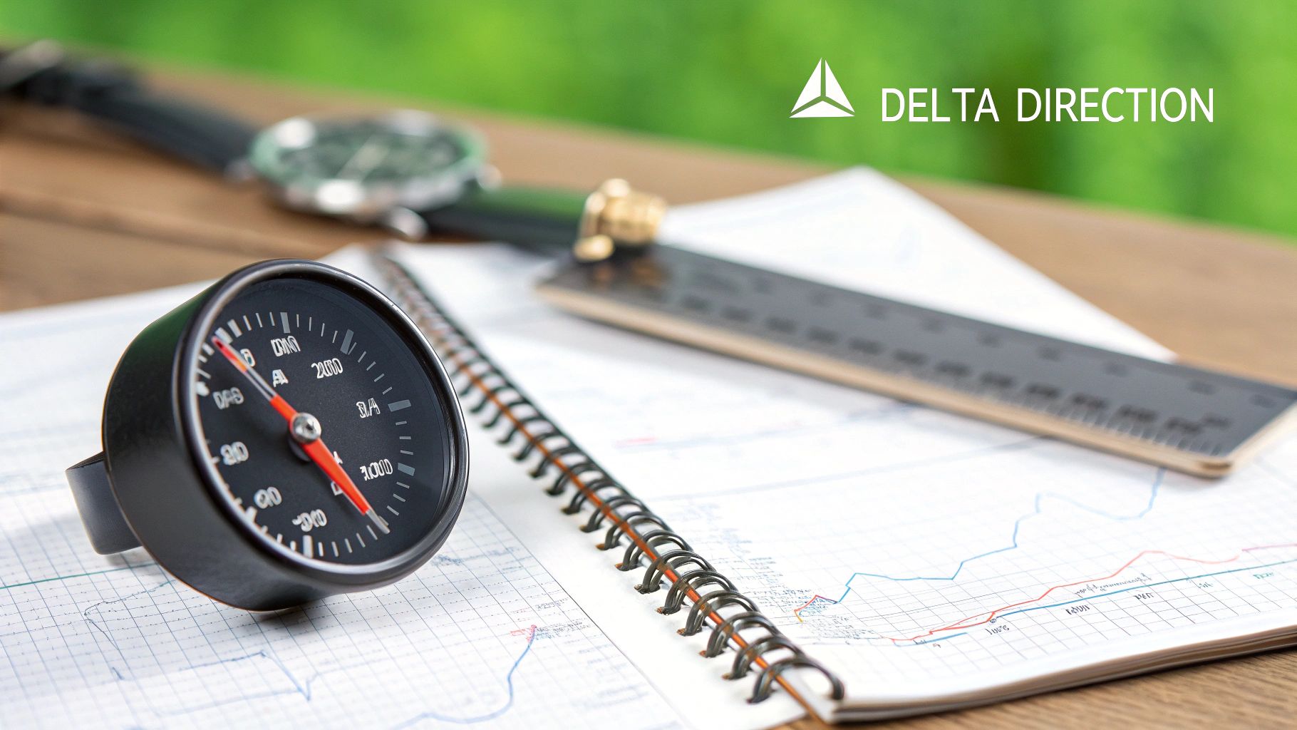 A close-up of a speedometer with the needle pointing towards a dollar sign, illustrating Delta as the speed of an option's price.